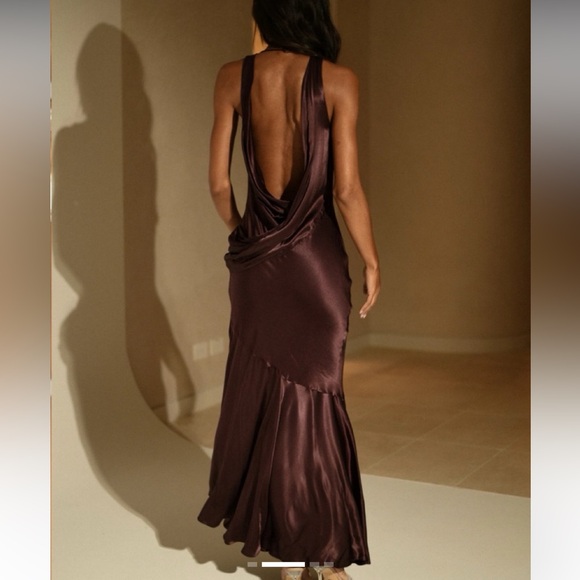 Meshki Deep Brown Satin Maxi Dress - Picture 2 of 12
